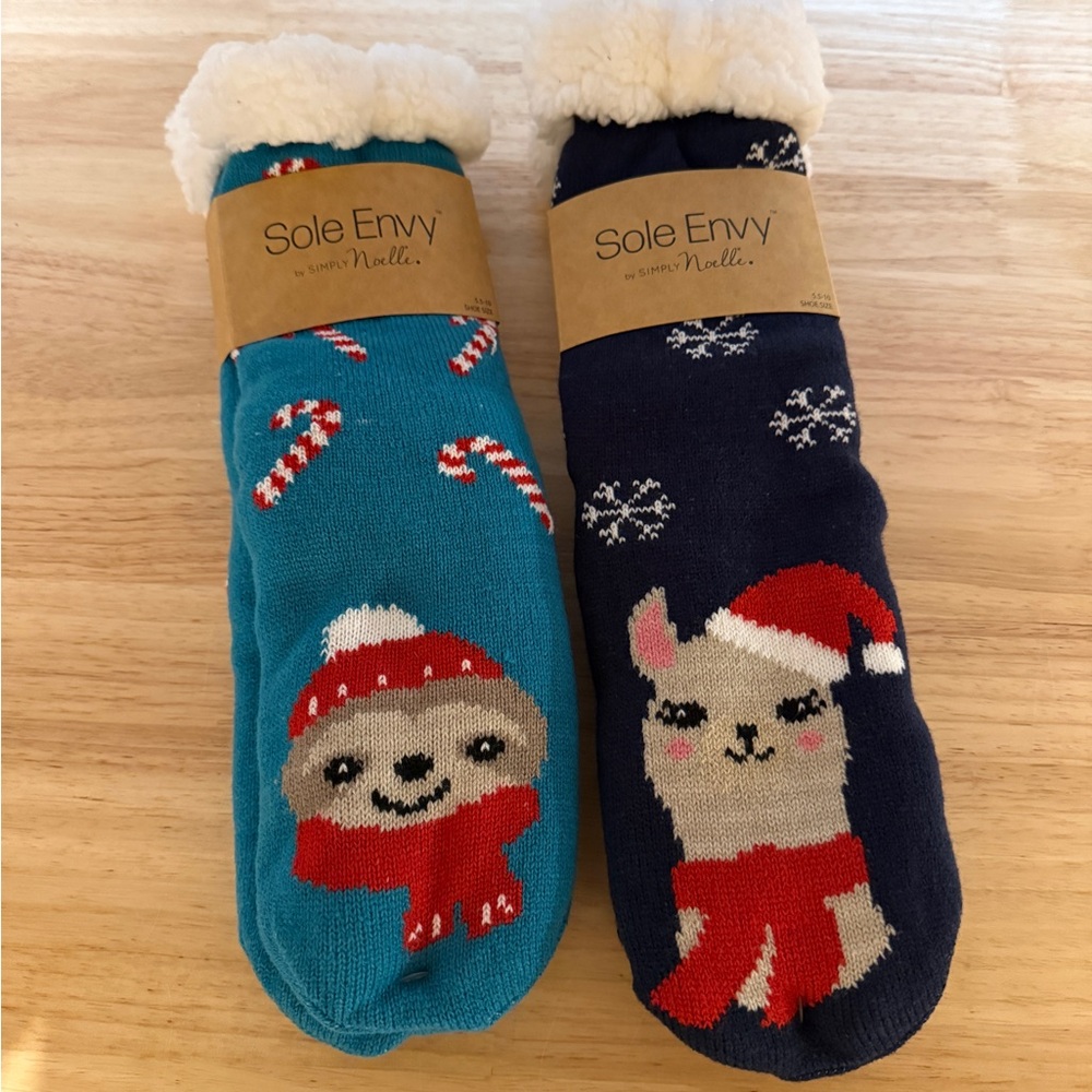 Sole Envy by Simply Noelle Holiday Slipper Socks Set Sloth Llama Alpaca